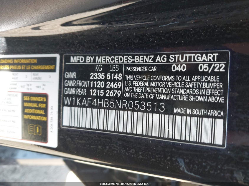 2022 Mercedes-benz C-klasse VIN W1KAF4HB5NR053513 IAAI salvage auction — REAR END, Salvage (Illinois), sold $20,100 on 2026-07-22 (photo 9)