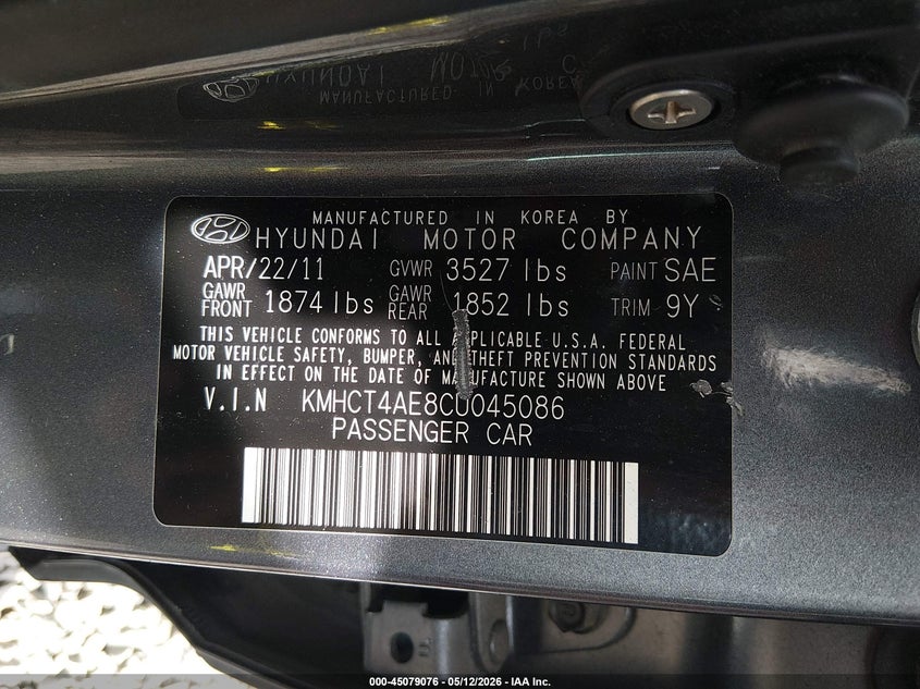 2012 Hyundai Accent VIN KMHCT4AE8CU045086 IAAI salvage auction — THEFT, Bill Of Sale (Washington), sold $575 on 2026-07-08 (photo 9)