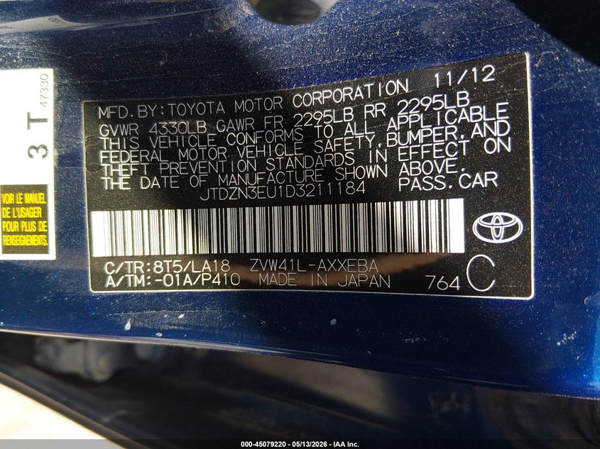 2013 Toyota Prius v VIN JTDZN3EU1D3211184 IAAI salvage auction — FRONT END, Salvage (Missouri), sold $2,200 on 2026-07-22 (photo 9)