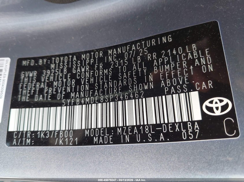 2025 Toyota Corolla VIN 5YFB4MDE8SP346462 IAAI salvage auction — REAR END, Original (Texas), sold $6,350 on 2026-07-20 (photo 9)
