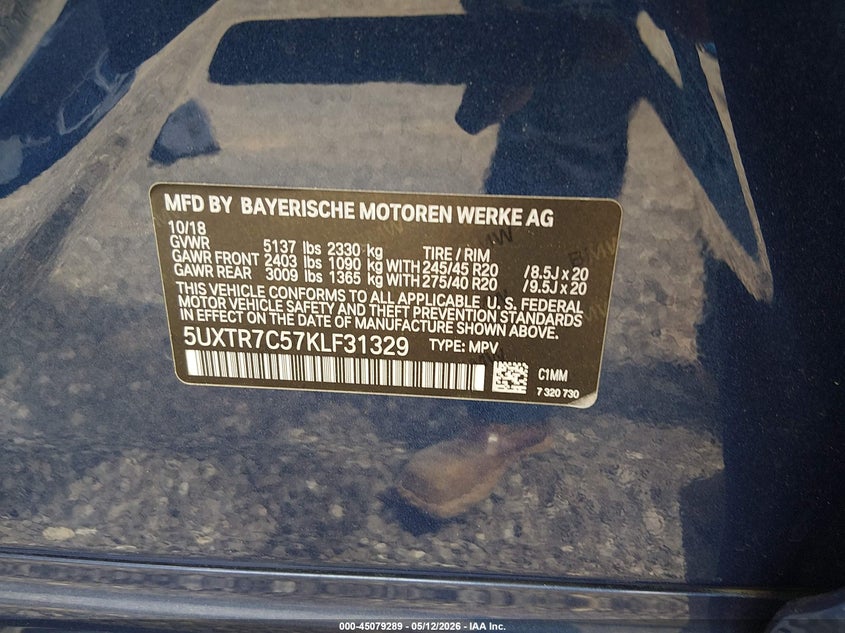 2019 BMW X3 VIN 5UXTR7C57KLF31329 IAAI salvage auction — REAR END, Clear (South Carolina), sold $10,400 on 2026-07-07 (photo 9)