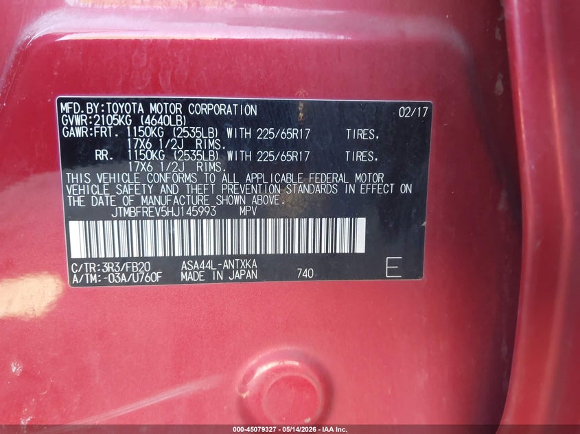 2017 Toyota Rav 4 VIN JTMBFREV5HJ145993 IAAI salvage auction — ROLLOVER, Salvage (Tennessee), sold $525 on 2026-07-30 (photo 9)