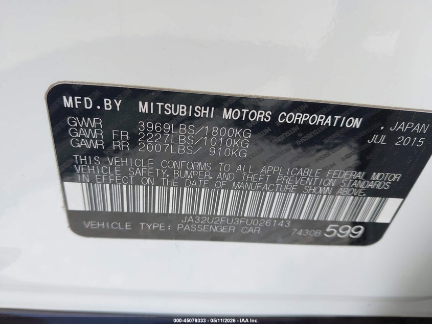 2015 Mitsubishi Lancer VIN JA32U2FU3FU026143 IAAI salvage auction — FRONT END, Salvage (California), sold $1,350 on 2026-07-09 (photo 9)