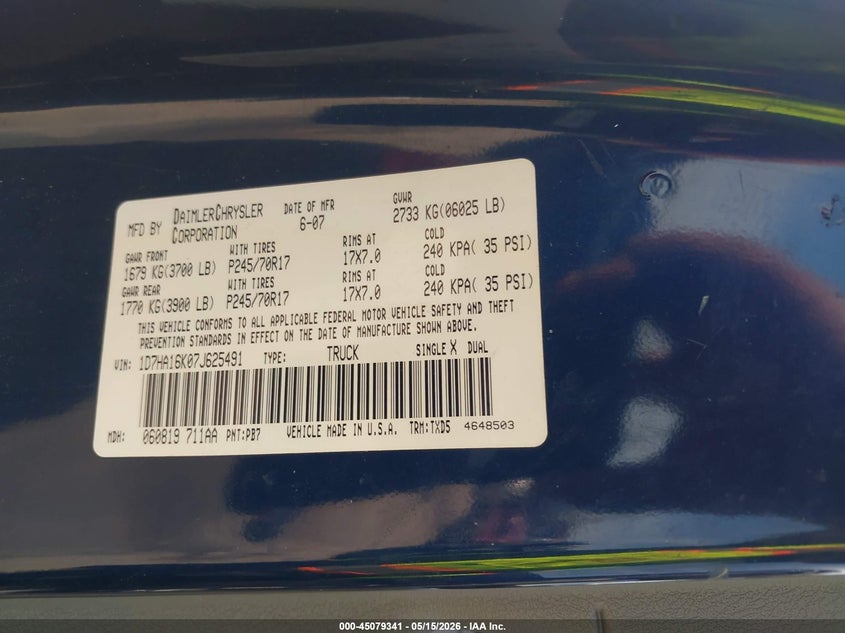 2007 Dodge Ram 1500 VIN 1D7HA16K07J625491 IAAI salvage auction — FRONT END, Original (Texas), sold $2,150 on 2026-07-09 (photo 9)