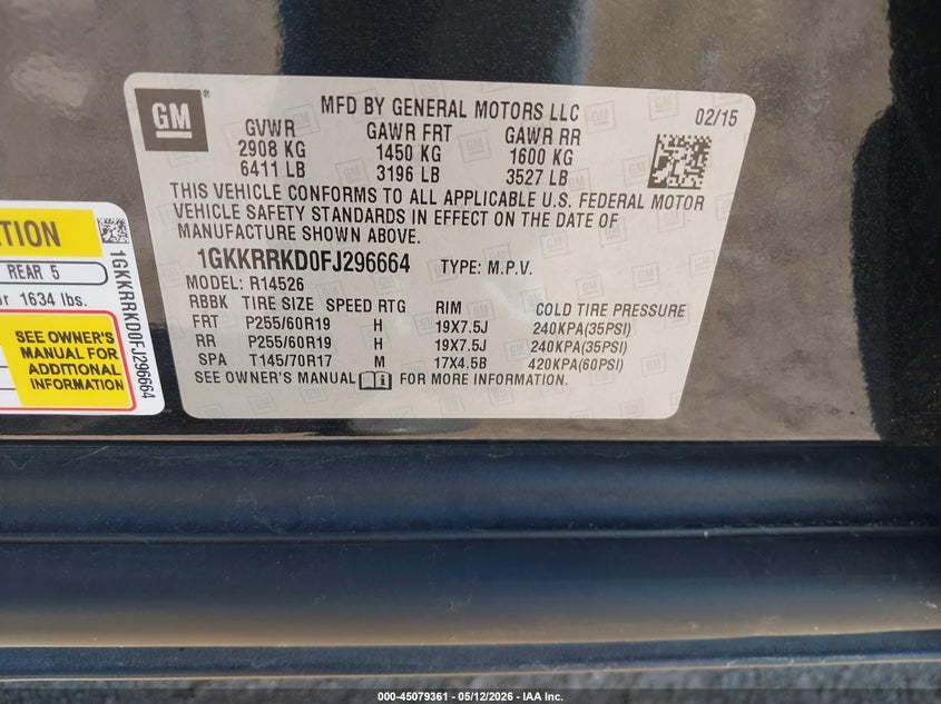 2015 Gmc Acadia VIN 1GKKRRKD0FJ296664 IAAI salvage auction — FRONT END, Salvage (Texas), sold $25 on 2026-07-24 (photo 9)