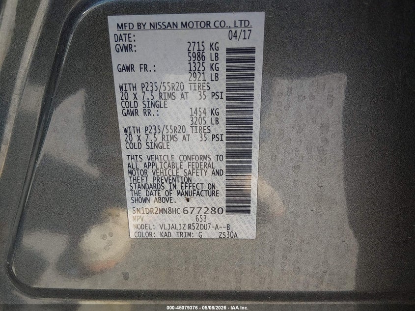 2017 Nissan Pathfinder VIN 5N1DR2MN8HC677280 IAAI salvage auction — FRONT END, Original (Texas), sold $1,975 on 2026-08-01 (photo 9)