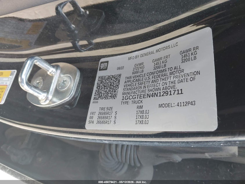 2022 Chevrolet Colorado VIN 1GCGTEEN4N1291711 IAAI salvage auction — RIGHT FRONT, Bill Of Sale (Alaska), sold $8,750 on 2026-07-31 (photo 9)