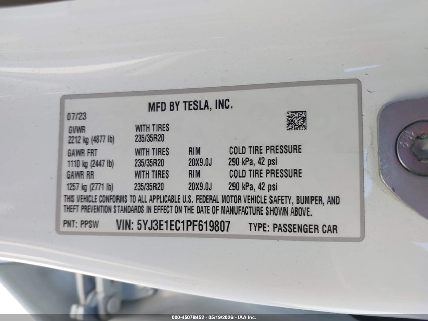 2023 Tesla Model 3 VIN 5YJ3E1EC1PF619807 IAAI salvage auction — FRONT END, Salvage (California), sold $9,275 on 2026-07-15 (photo 9)