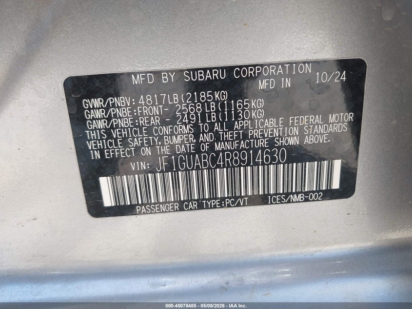 2024 Subaru Impreza VIN JF1GUABC4R8914630 IAAI salvage auction — HAIL, Clear (Missouri), sold $3,600 on 2026-07-20 (photo 9)