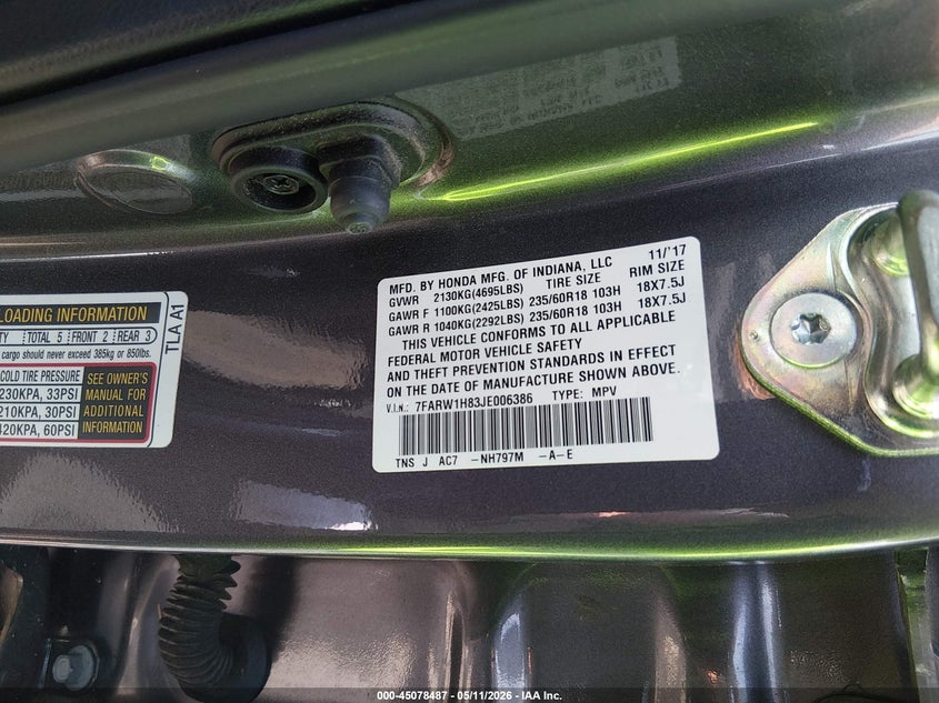 2018 Honda Cr-v VIN 7FARW1H83JE006386 IAAI salvage auction — FRONT END, Salvage (South Carolina), sold $5,150 on 2026-07-07 (photo 9)