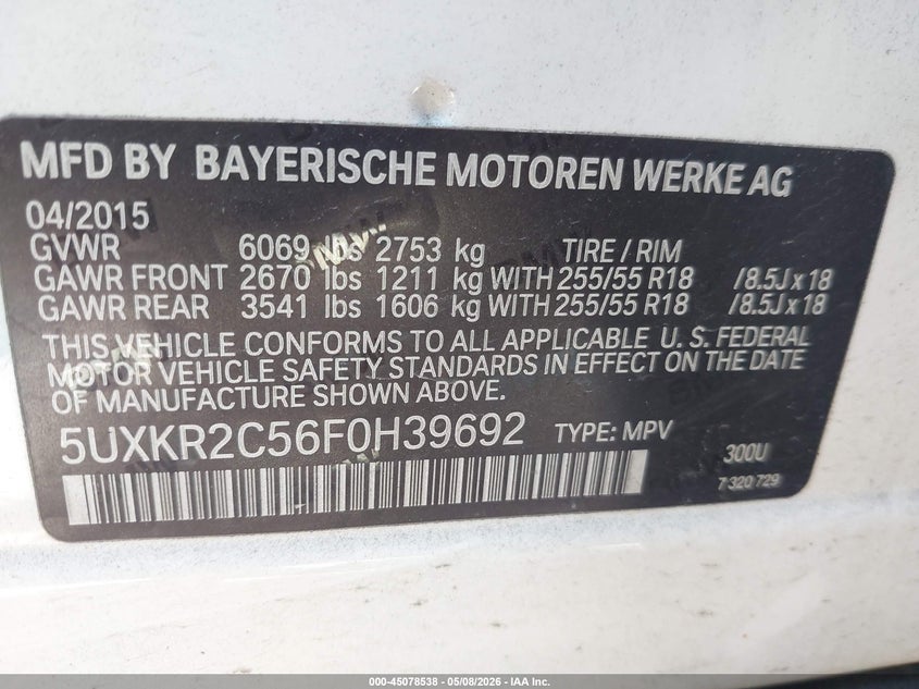 2015 BMW X5 VIN 5UXKR2C56F0H39692 IAAI salvage auction — FRONT & REAR, Salvage (California), sold $2,450 on 2026-07-22 (photo 9)