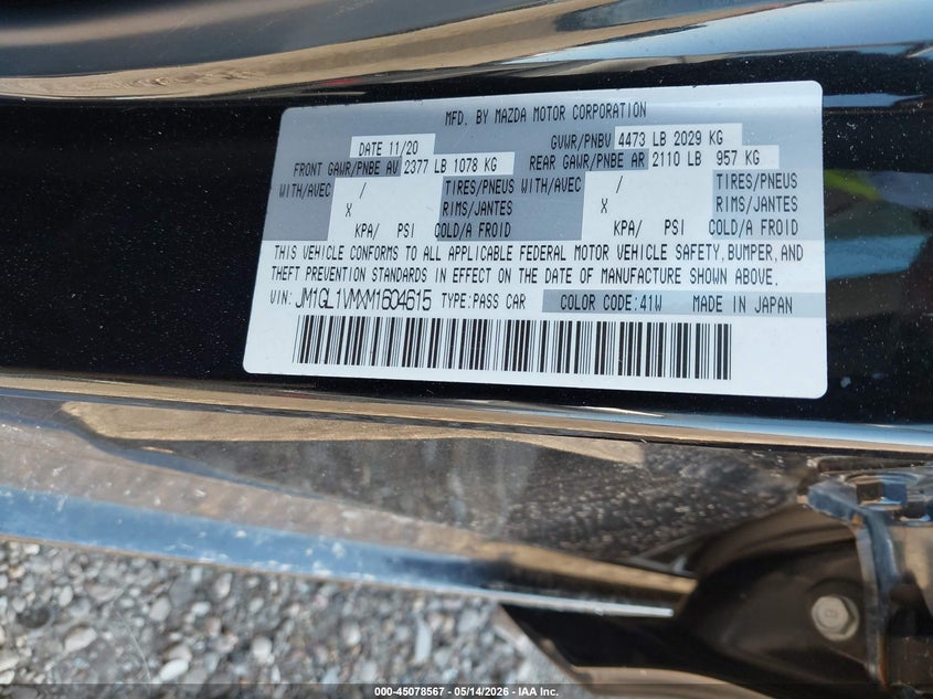 2021 Mazda 6 VIN JM1GL1VMXM1604615 IAAI salvage auction — FRONT END, Salvage (Texas), sold $1,200 on 2026-07-15 (photo 9)
