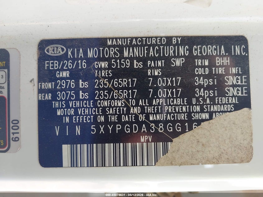 2016 Kia Sorento VIN 5XYPGDA38GG167964 IAAI salvage auction — FRONT END, Salvage (Georgia), sold $1,800 on 2026-07-09 (photo 9)