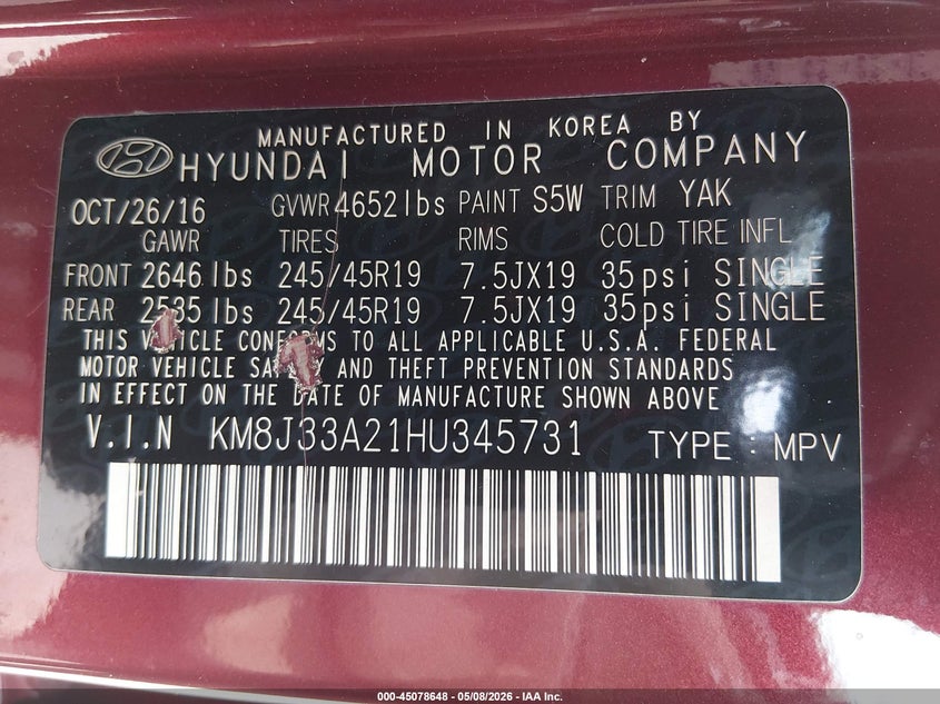 2017 Hyundai Tucson VIN KM8J33A21HU345731 IAAI salvage auction — SIDE, Original (Texas), sold $4,200 on 2026-07-09 (photo 9)