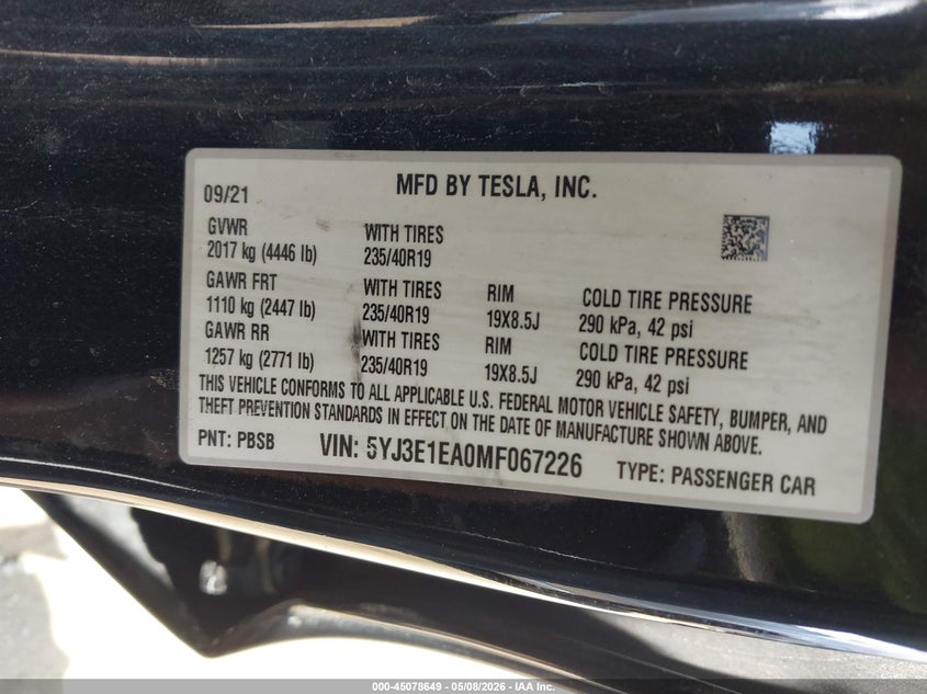 2021 Tesla Model 3 VIN 5YJ3E1EA0MF067226 IAAI salvage auction — REAR END, Salvage (California), sold $5,375 on 2026-07-23 (photo 9)