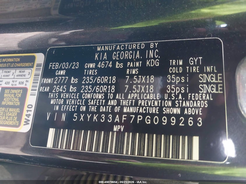 2023 Kia Sportage VIN 5XYK33AF7PG099263 IAAI salvage auction — RIGHT SIDE, Original (Texas), sold $1,050 on 2026-07-30 (photo 9)