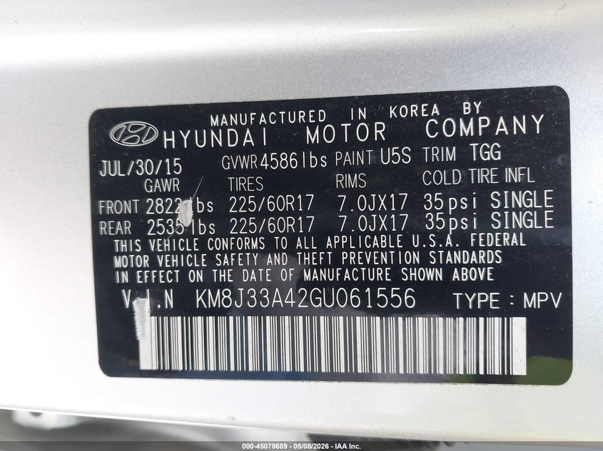 2016 Hyundai Tucson VIN KM8J33A42GU061556 IAAI salvage auction — RIGHT FRONT, Salvage (Texas), sold $2,850 on 2026-07-09 (photo 9)
