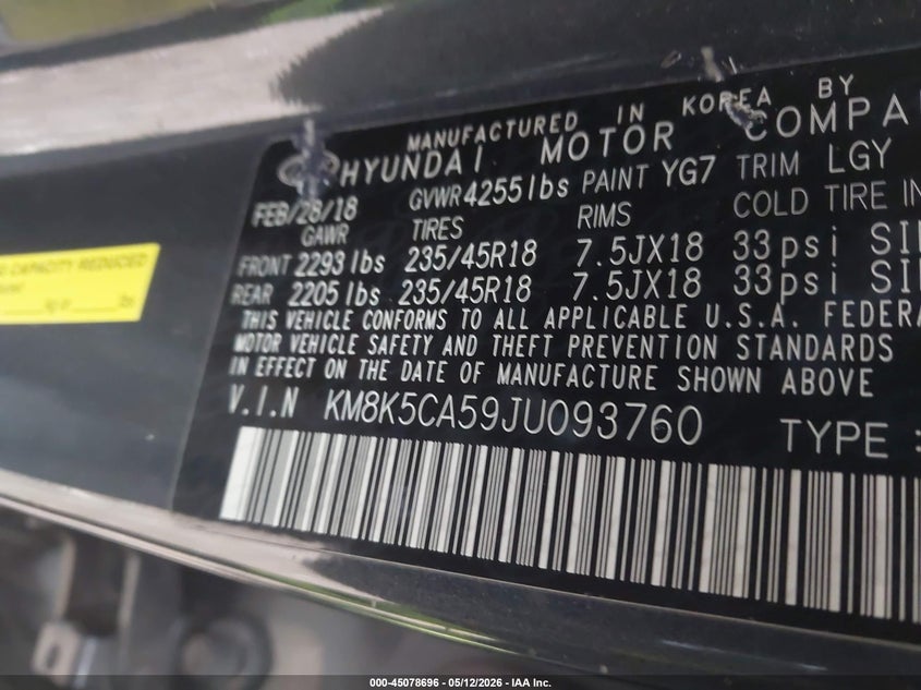 2018 Hyundai Kona VIN KM8K5CA59JU093760 IAAI salvage auction — FRONT END, Junk Bill Of Sale Mv2459 (Wisconsin), sold $1,500 on 2026-07-14 (photo 9)
