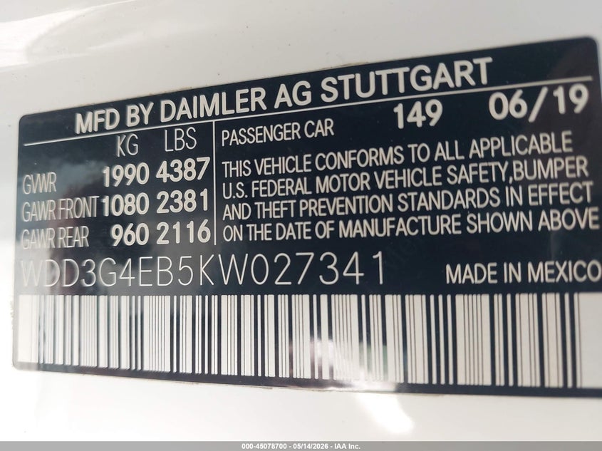 2019 Mercedes-benz A-klasse VIN WDD3G4EB5KW027341 IAAI salvage auction — FRONT END, Salvage (Louisiana), sold $4,725 on 2026-07-07 (photo 9)