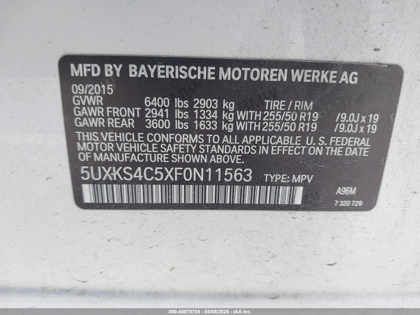 2015 BMW X5 VIN 5UXKS4C5XF0N11563 IAAI salvage auction — LEFT FRONT, Salvage (California), sold $10,450 on 2026-07-14 (photo 9)