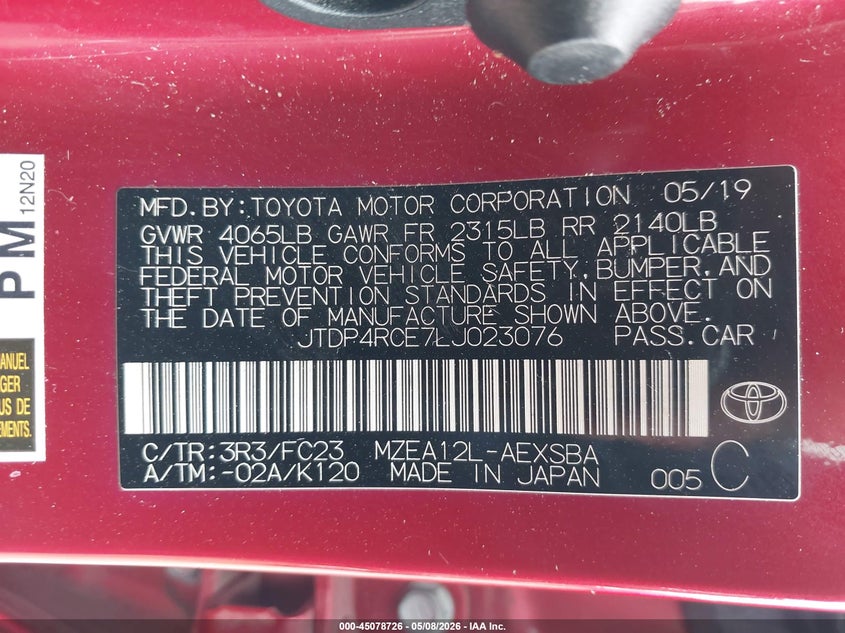 2020 Toyota Corolla VIN JTDP4RCE7LJ023076 IAAI salvage auction — FRONT END, Salvage (Texas), sold $6,400 on 2026-07-09 (photo 9)