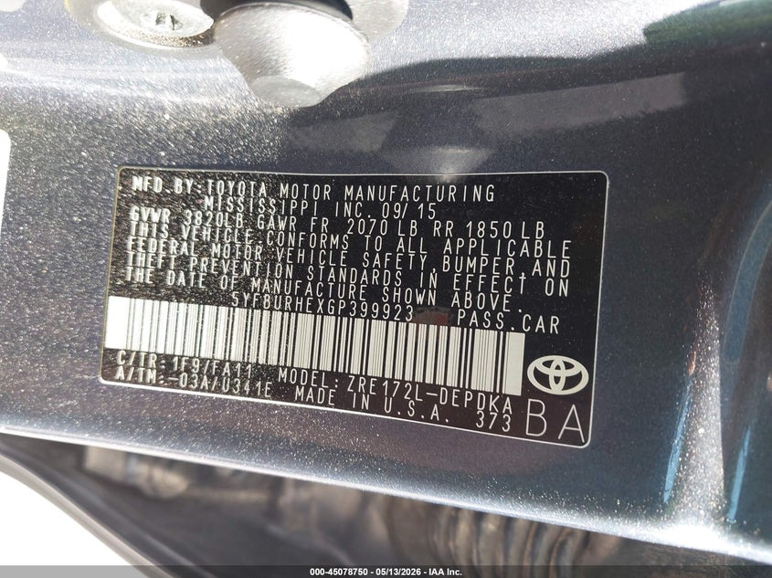 2016 Toyota Corolla VIN 5YFBURHEXGP399923 IAAI salvage auction — FRONT END, Salvage (Texas), sold $1,700 on 2026-07-14 (photo 9)