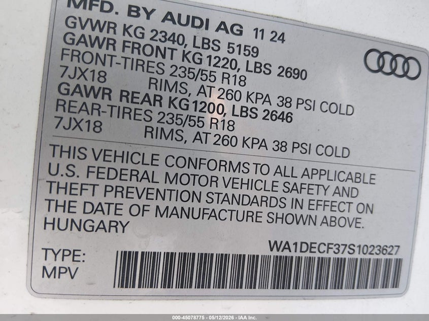 2025 Audi Q3 VIN WA1DECF37S1023627 IAAI salvage auction — FRONT END, Salvage (Louisiana), sold $7,100 on 2026-07-11 (photo 9)