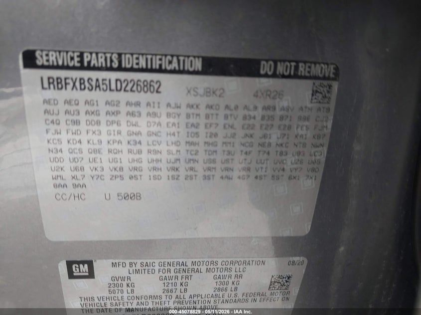 2020 Buick Envision VIN LRBFXBSA5LD226862 IAAI salvage auction — FRONT END, Salvage (Texas), sold $1,250 on 2026-07-14 (photo 9)