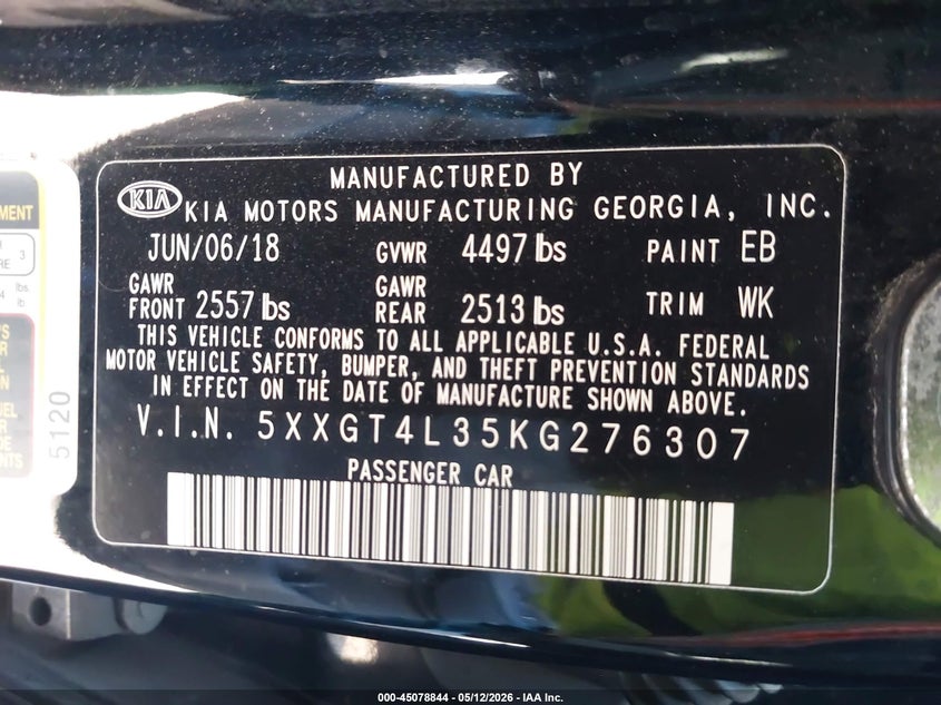 2019 Kia Optima VIN 5XXGT4L35KG276307 IAAI salvage auction — ENGINE BURN, Salvage (Texas), sold $750 on 2026-07-20 (photo 9)