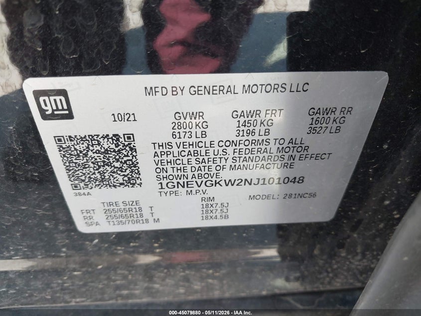2022 Chevrolet Traverse VIN 1GNEVGKW2NJ101048 IAAI salvage auction — HAIL, Salvage (Iowa), sold $8,600 on 2026-07-28 (photo 9)