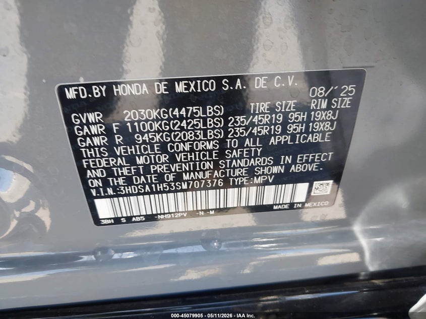 2025 Acura Adx VIN 3HDSA1H53SM707376 IAAI salvage auction — LEFT REAR, Salvage (California), sold $10,350 on 2026-07-08 (photo 9)