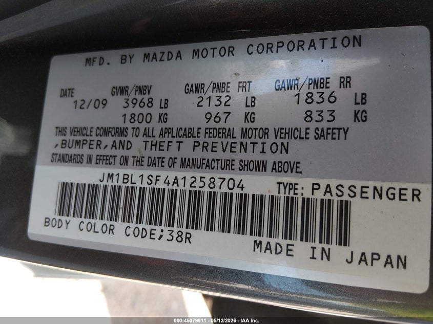 2010 Mazda 3 VIN JM1BL1SF4A1258704 IAAI salvage auction — FRONT END, Salvage (Colorado), sold $550 on 2026-07-28 (photo 9)