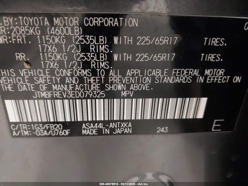 2014 Toyota Rav 4 VIN JTMBFREV3ED079325 IAAI salvage auction — RIGHT SIDE, Salvage (Minnesota), sold $725 on 2026-07-22 (photo 9)