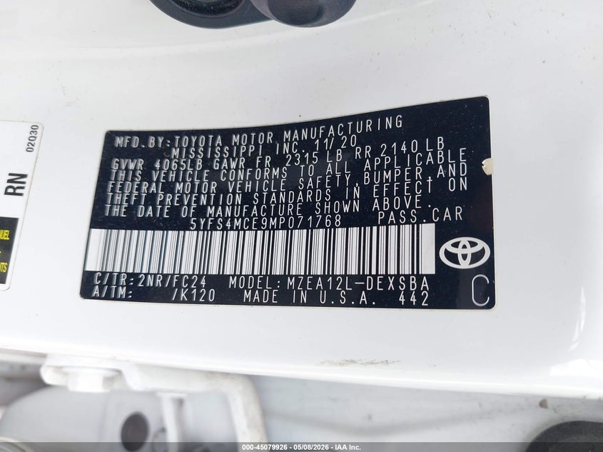 2021 Toyota Corolla VIN 5YFS4MCE9MP071768 IAAI salvage auction — HAIL, Original (Texas), sold $6,400 on 2026-07-23 (photo 9)