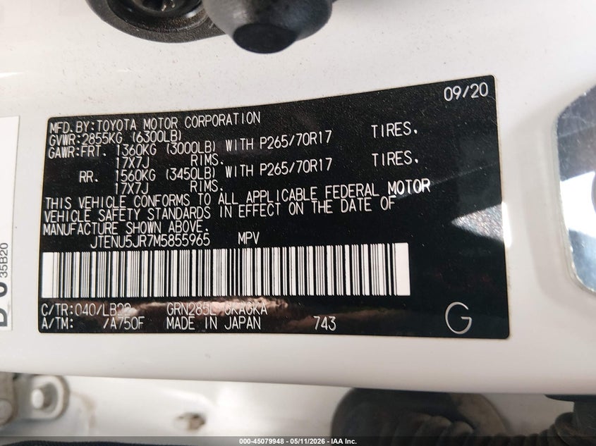 2021 Toyota 4runner VIN JTENU5JR7M5855965 IAAI salvage auction — FRONT END, Salvage Title, sold $16,700 on 2026-08-01 (photo 9)