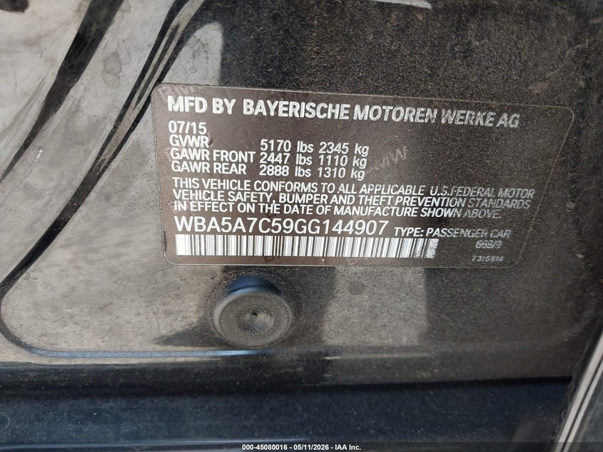 2016 BMW 5er VIN WBA5A7C59GG144907 IAAI salvage auction — SIDE, Salvage (California), sold $5,600 on 2026-07-30 (photo 9)