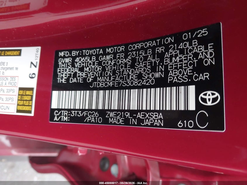2025 Toyota Corolla VIN JTDBCMFE7S3082420 IAAI salvage auction — RIGHT SIDE, Salvage Certificate (California), sold $9,300 on 2026-07-24 (photo 9)