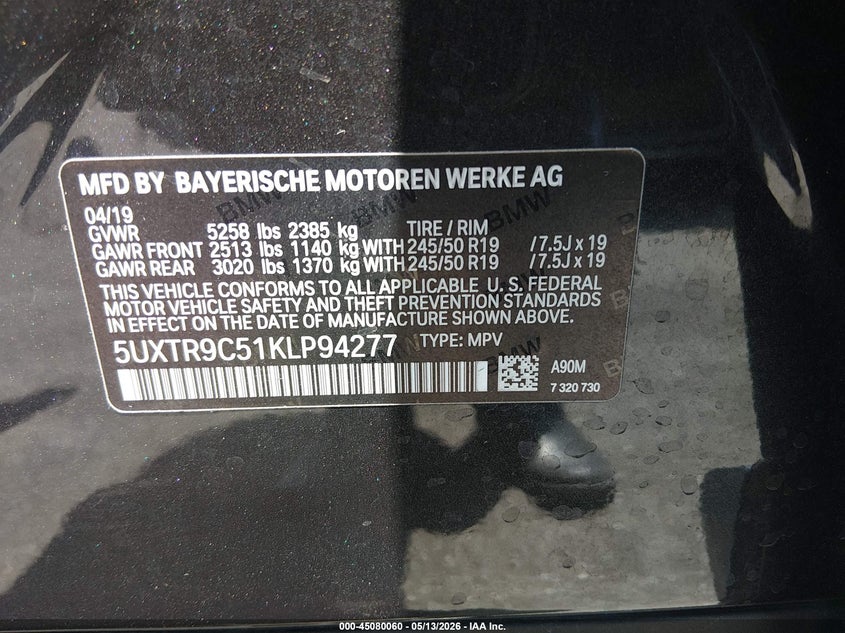 2019 BMW X3 VIN 5UXTR9C51KLP94277 IAAI salvage auction — RIGHT FRONT, Salvage Title, sold $9,750 on 2026-07-10 (photo 9)
