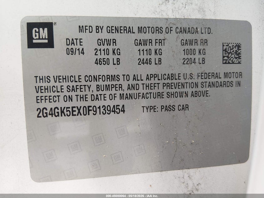 2015 Buick Regal VIN 2G4GK5EX0F9139454 IAAI salvage auction — NORMAL WEAR, Certificate Of Title (Montana), sold $350 on 2026-07-19 (photo 9)