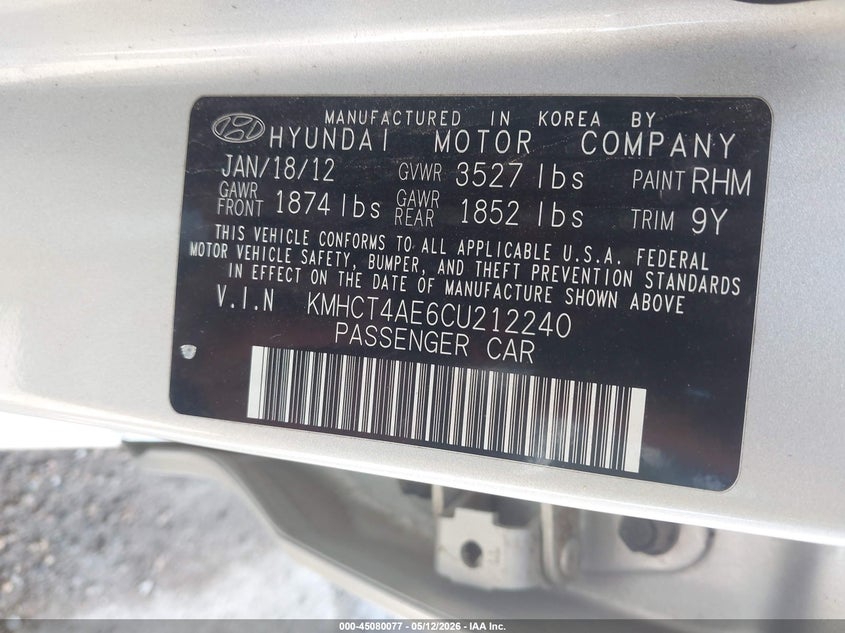 2012 Hyundai Accent VIN KMHCT4AE6CU212240 IAAI salvage auction — NORMAL WEAR, Original (Texas), sold $700 on 2026-07-08 (photo 9)