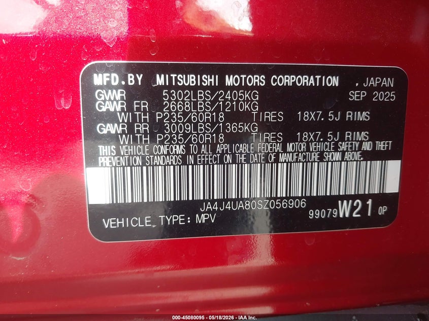 2025 Mitsubishi Outlander VIN JA4J4UA80SZ056906 IAAI salvage auction — RIGHT SIDE, Salvage (Utah), sold $7,050 on 2026-07-30 (photo 9)