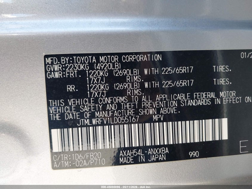 2020 Toyota Rav 4 VIN JTMLWRFV1LD055167 IAAI salvage auction — FRONT END, Salvage Title, sold $8,000 on 2026-08-22 (photo 9)