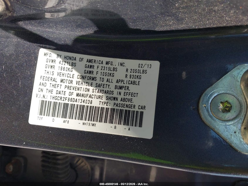 2013 Honda Accord VIN 1HGCR2F86DA134038 IAAI salvage auction — FRONT END, Salvage (Illinois), sold $1,250 on 2026-07-18 (photo 9)