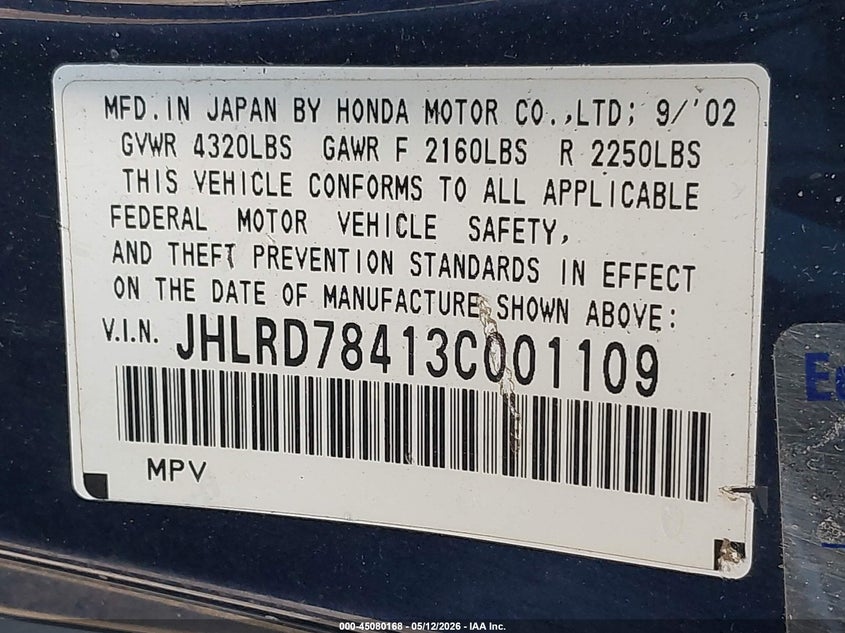 2003 Honda Cr-v VIN JHLRD78413C001109 IAAI salvage auction — NORMAL WEAR, Clear (Montana), sold $1,275 on 2026-07-13 (photo 9)