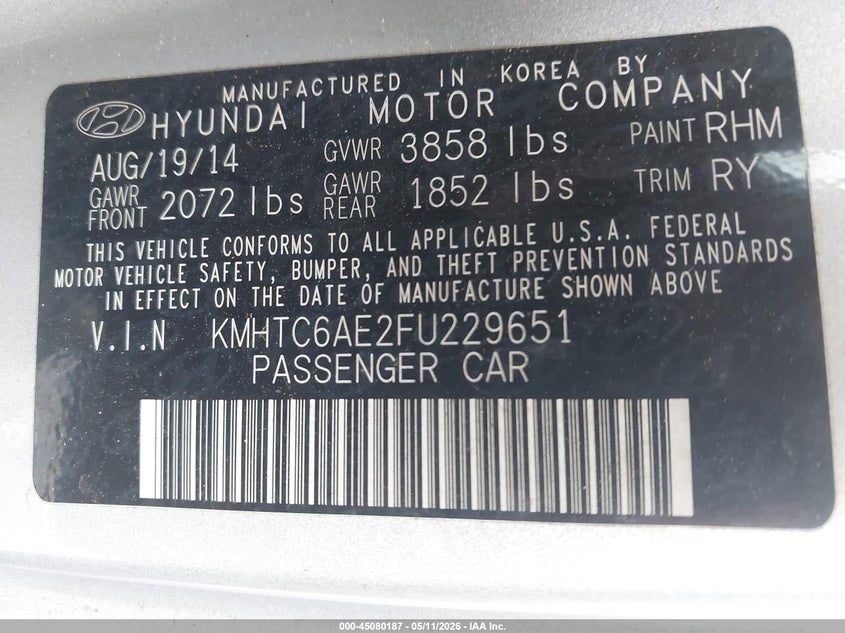 2015 Hyundai Veloster VIN KMHTC6AE2FU229651 IAAI salvage auction — FRONT END, Salvage (North Carolina), sold $825 on 2026-07-08 (photo 9)