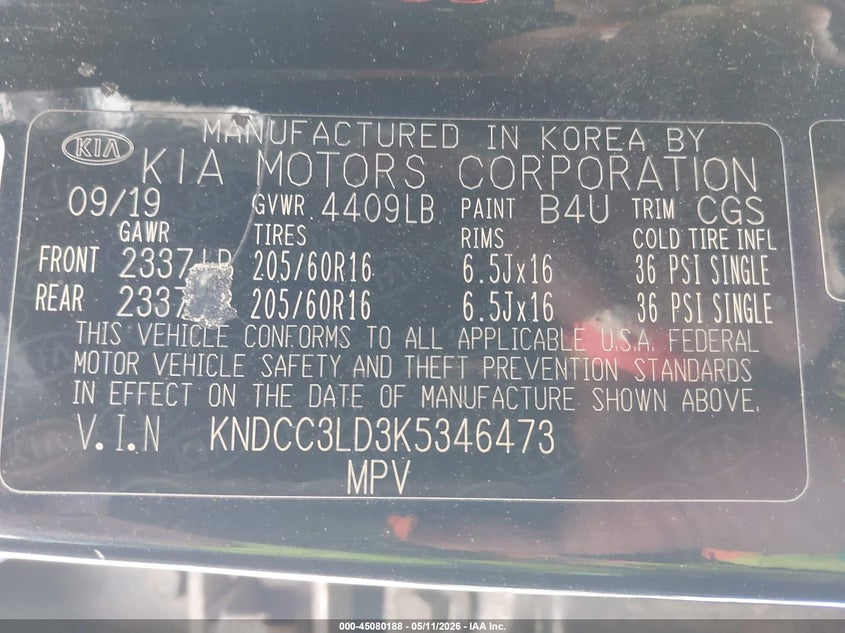 2019 Kia Niro VIN KNDCC3LD3K5346473 IAAI salvage auction — FRONT END, Salvage Title, sold $2,350 on 2026-07-09 (photo 9)