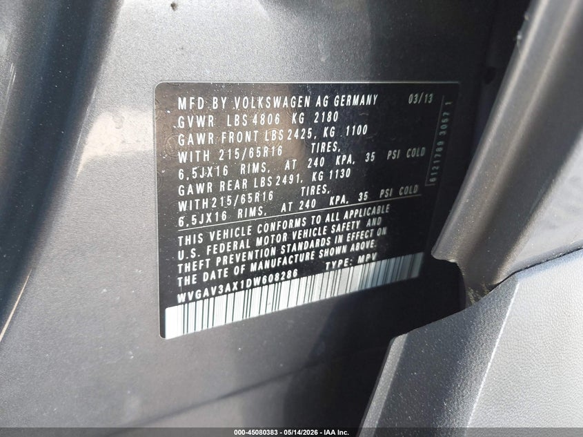 2013 Volkswagen Tiguan VIN WVGAV3AX1DW608286 IAAI salvage auction — FRONT END, Salvage (Idaho), sold $400 on 2026-07-07 (photo 9)
