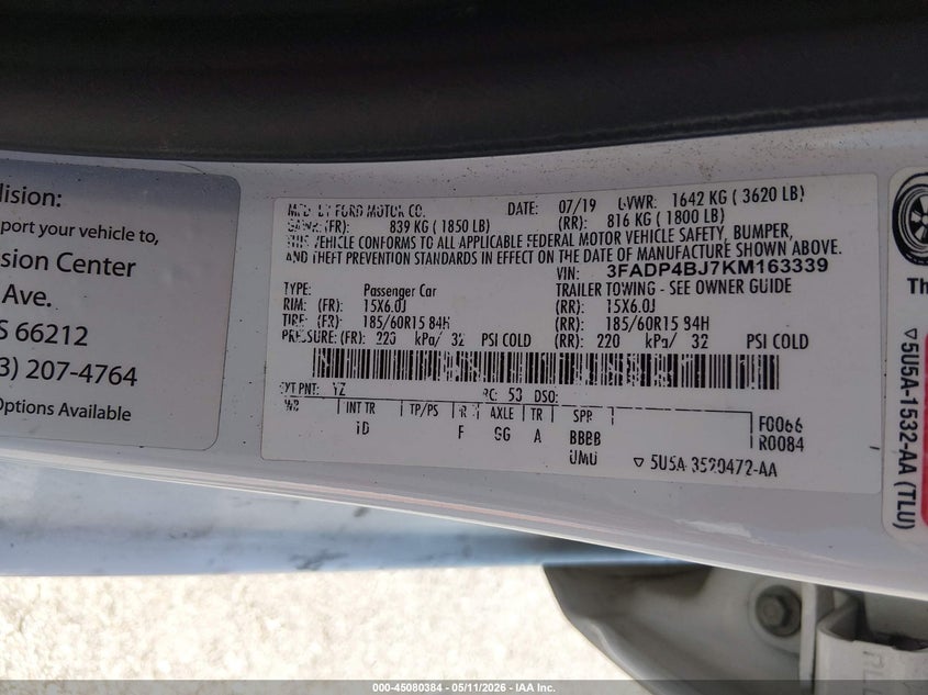 2019 Ford Fiesta VIN 3FADP4BJ7KM163339 IAAI salvage auction — RIGHT FRONT, Salvage (Missouri), sold $500 on 2026-07-20 (photo 9)