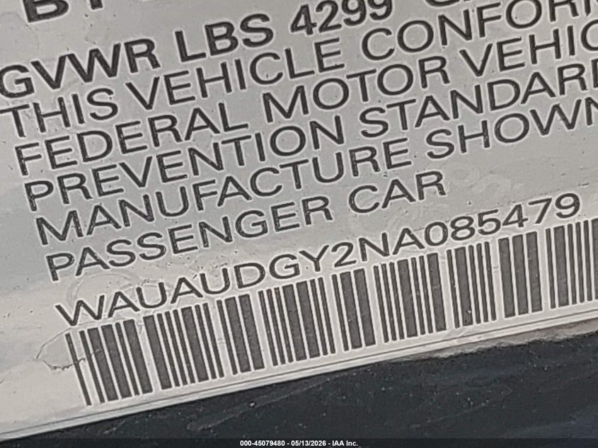 2022 Audi A3 VIN WAUAUDGY2NA085479 IAAI salvage auction — LEFT SIDE, Original (Texas), sold $9,600 on 2026-07-17 (photo 9)