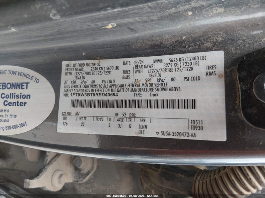 2024 Ford F350 VIN 1FT8W3BT8RED40684 IAAI salvage auction — LEFT FRONT, Original (Texas), sold $16,600 on 2026-07-28 (photo 9)